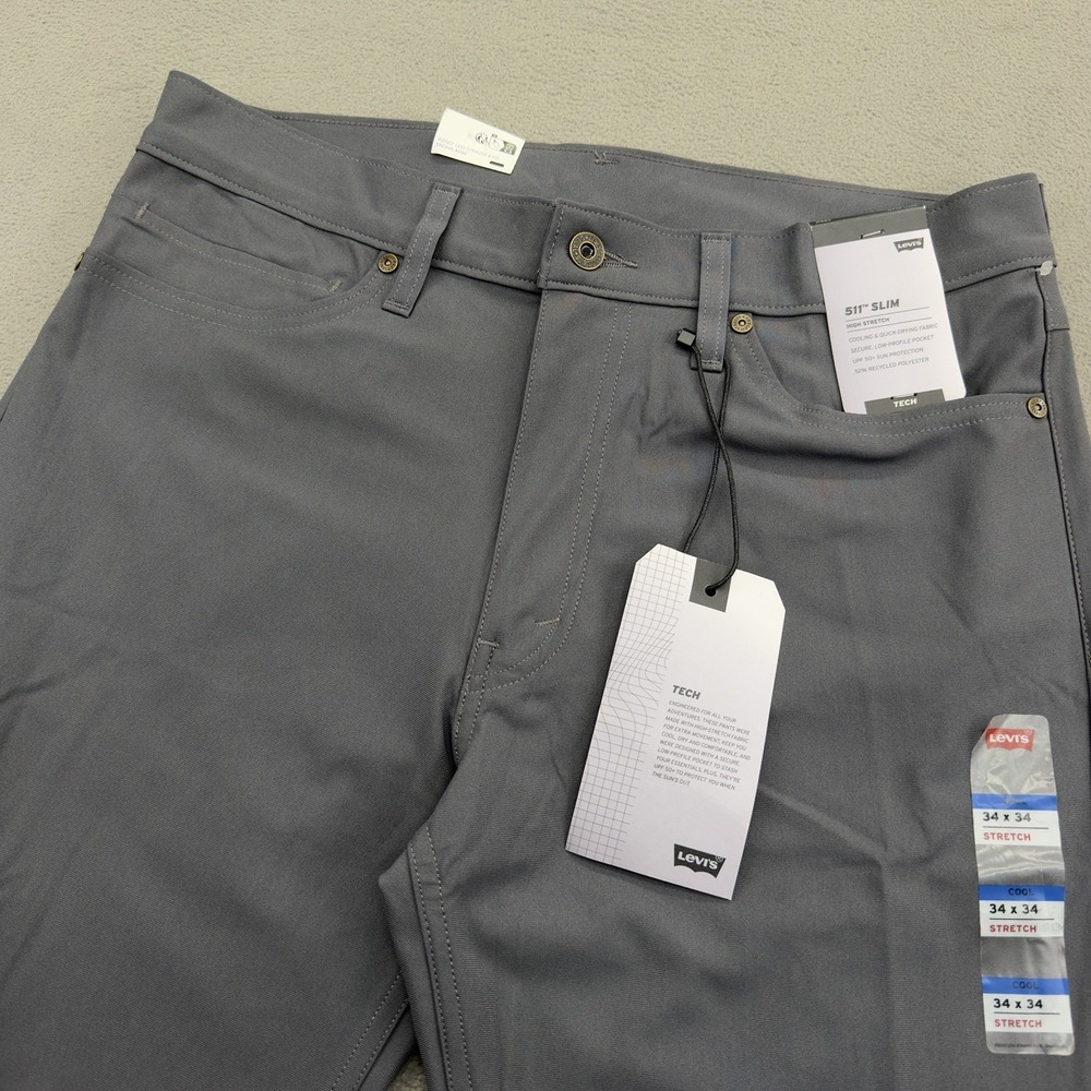 Levis 511 Slim Tech Pants Mens 34x34 Gray Cooling Quick Dry Stretch UPF 50+